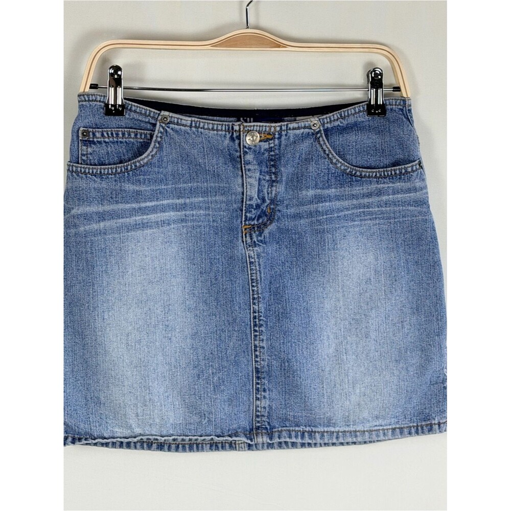 SO No Waist Denim Mini Skirt Size 5 Light Wash Y2K Low Rise Distressed